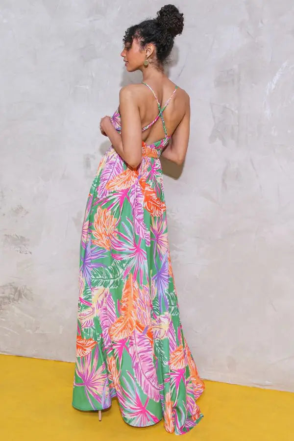 Tropical Long Slit Maxi Dress