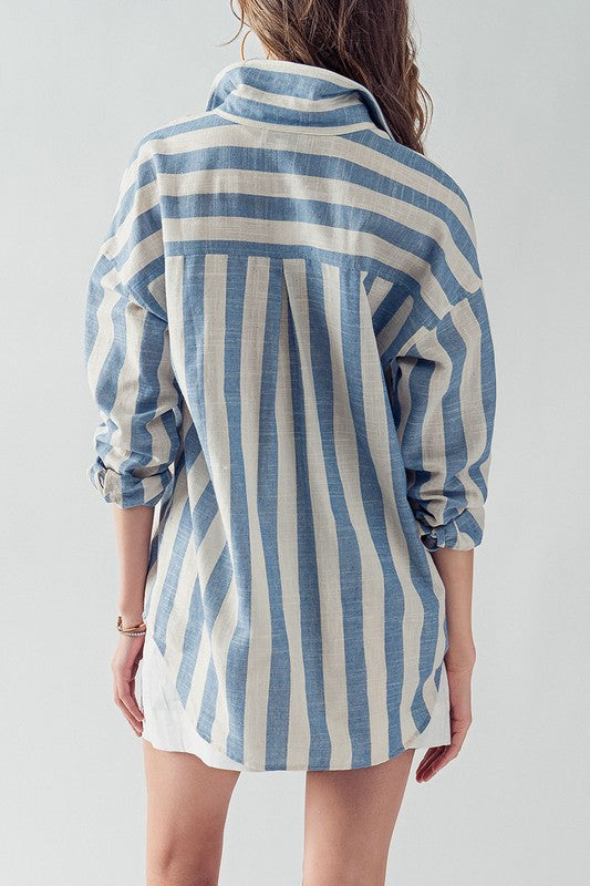 Blue Vertical and Horizontal Striped Button Up Top