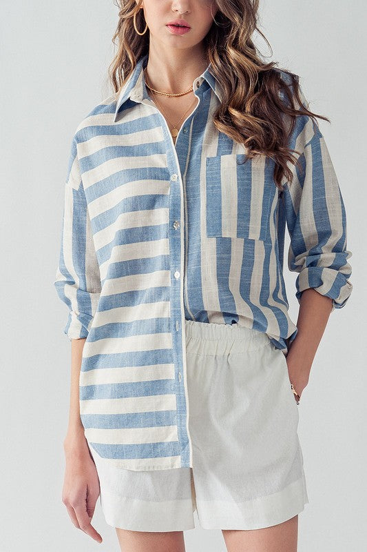 Blue Vertical and Horizontal Striped Button Up Top