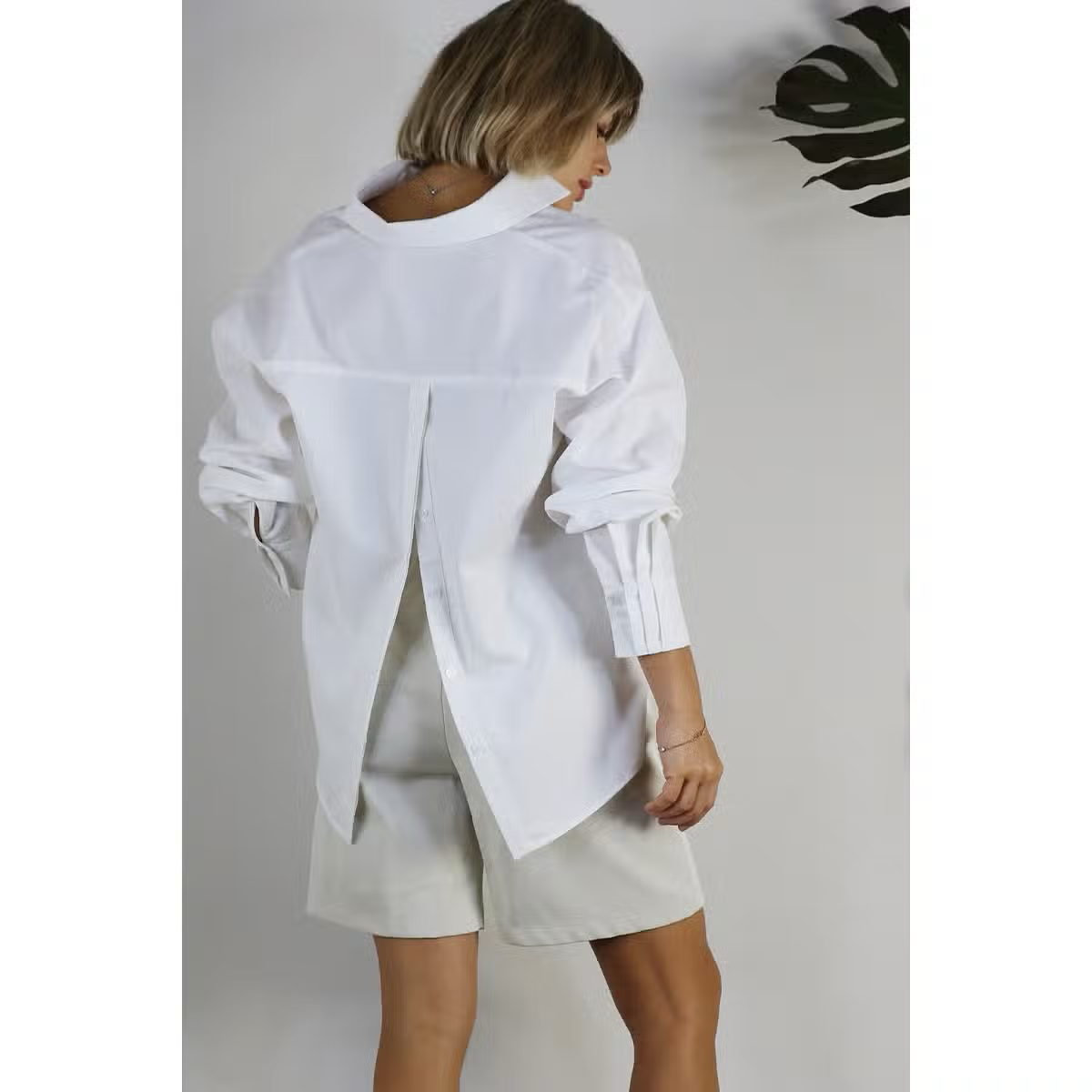 White Oversized Open Back Button Down Top