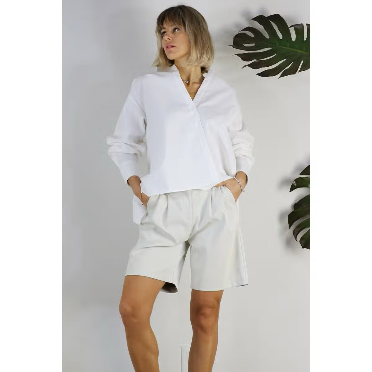White Oversized Open Back Button Down Top