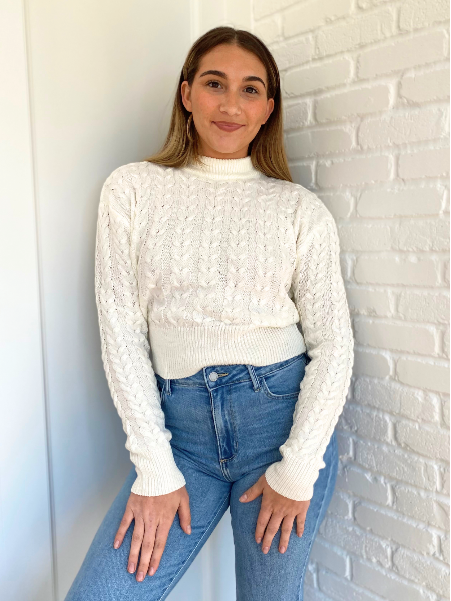 White Chunky Cable Knit Cropped Sweater