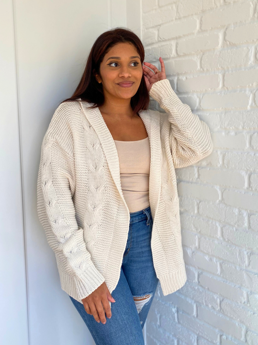 White Knit Open Front Hooded Sweater Cardigan