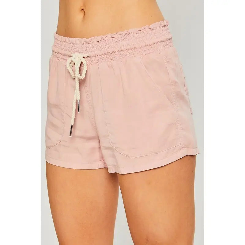 Pink Woven Solid Drawstring Shorts