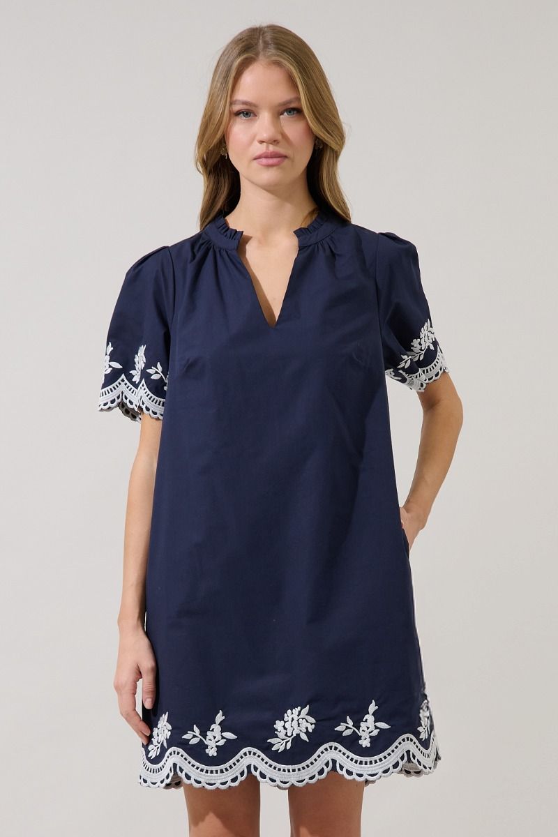 Navy Embroidered Shift Mini Dress