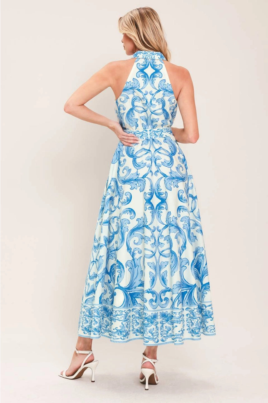 Printed Maxi Dress In Off White Blue