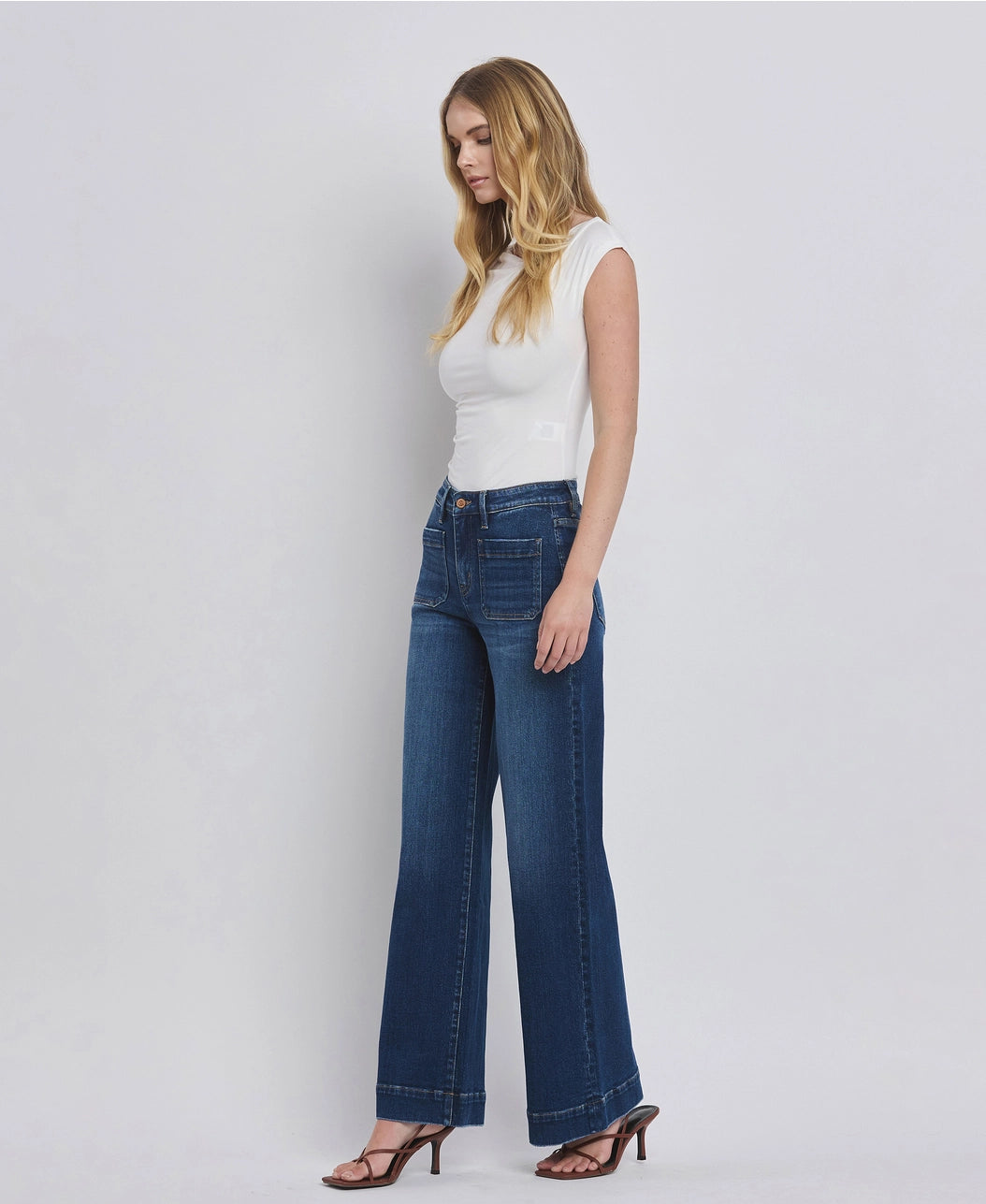 High Rise Patch Pocket Trouser Hem Wide Jeans