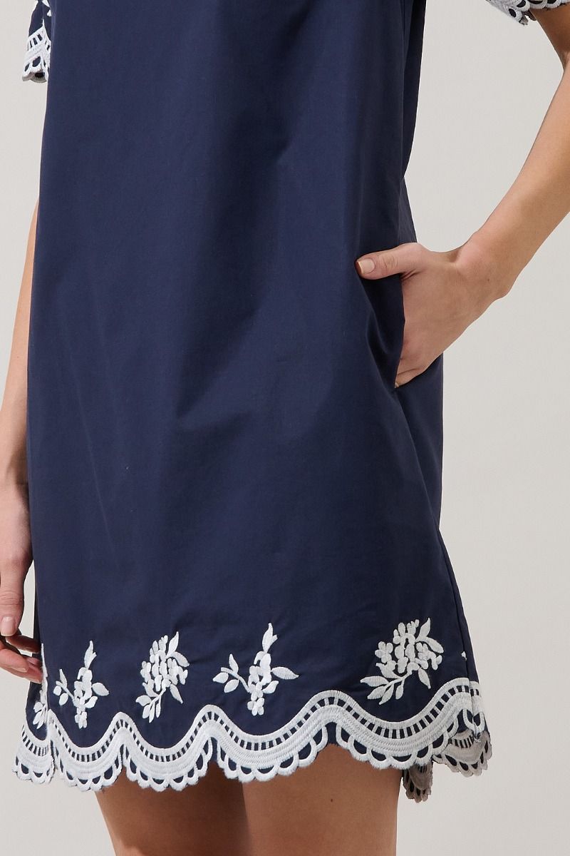 Navy Embroidered Shift Mini Dress