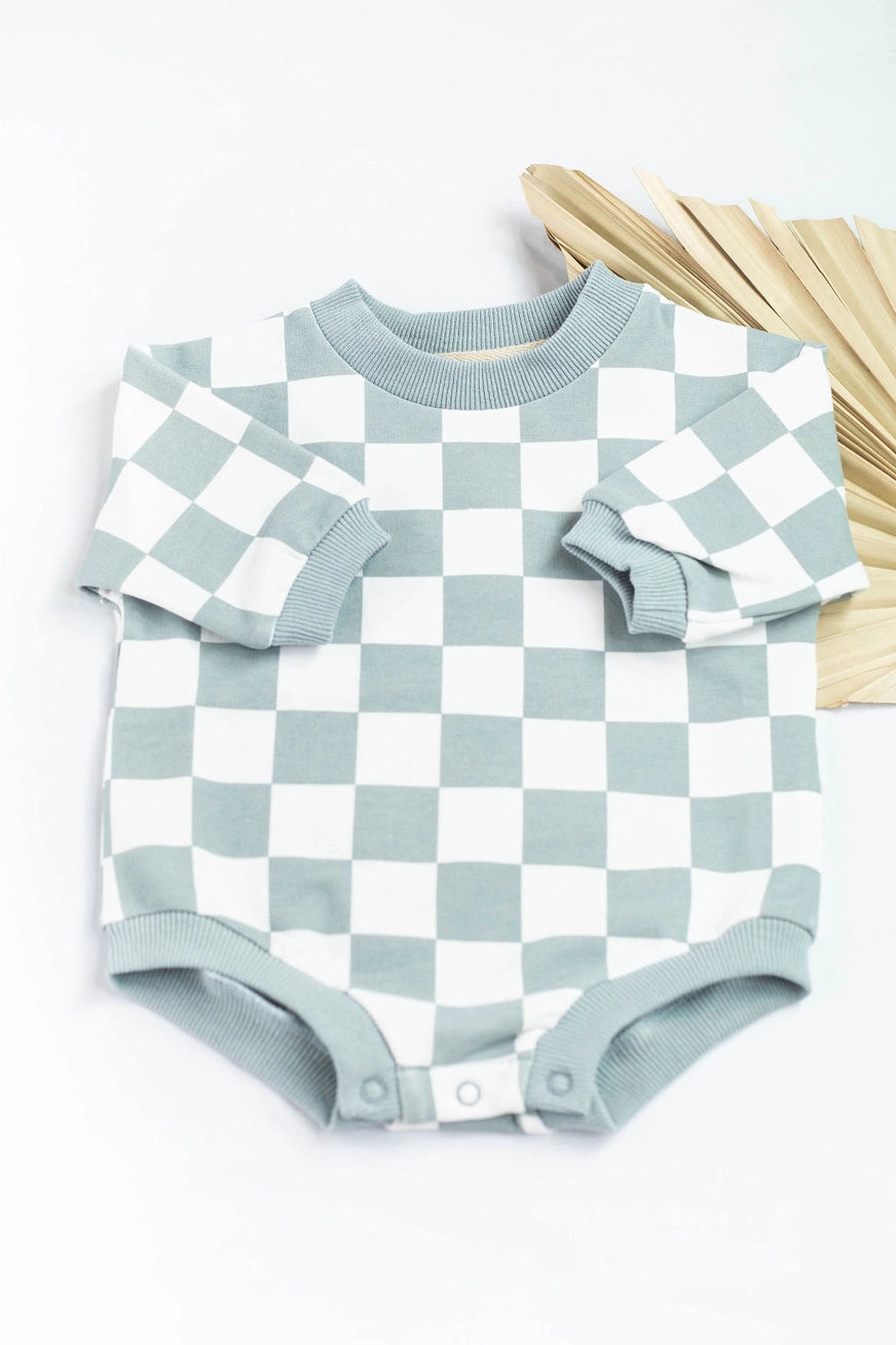 Baby Checkered Oversized Romper in Grey/Blue