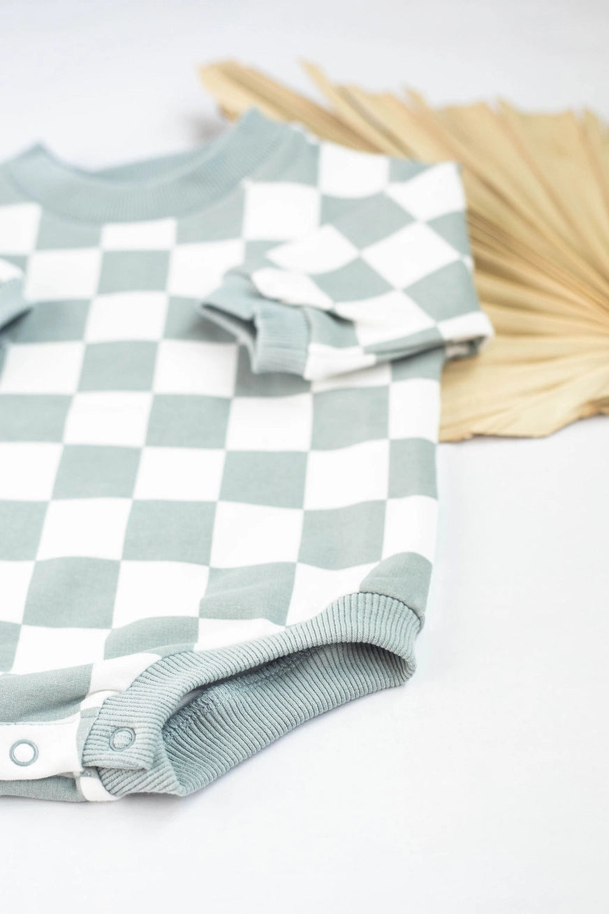 Baby Checkered Oversized Romper in Grey/Blue