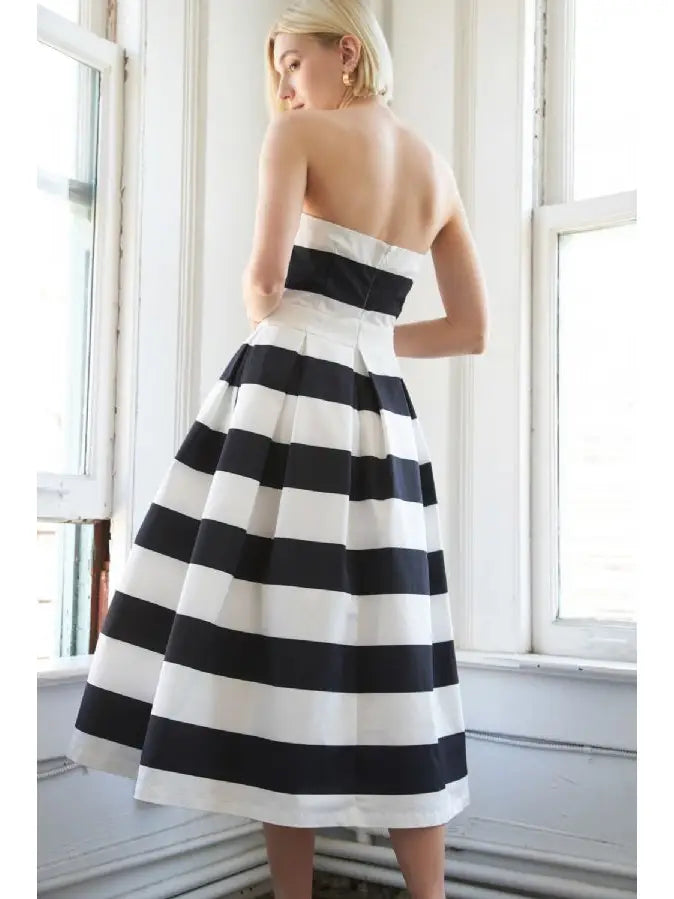 Black And White Striped Woven Midi Dress