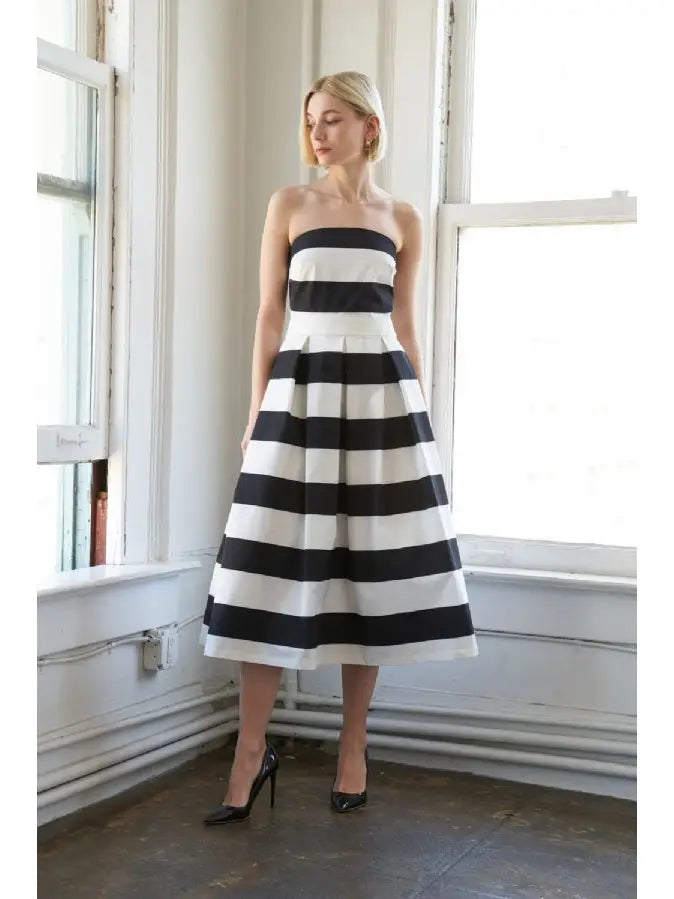 Black And White Striped Woven Midi Dress