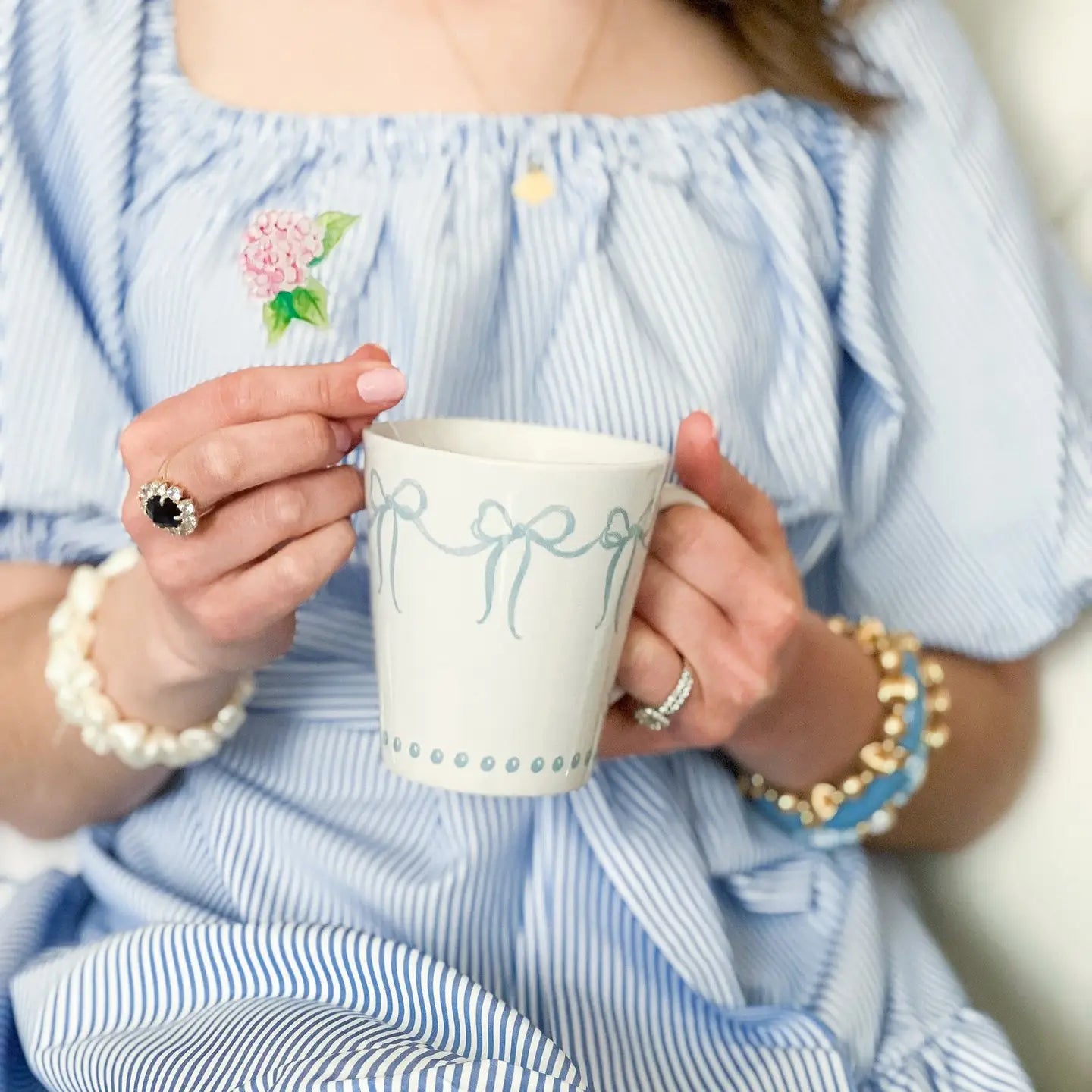 French Blue Bows Watercolor Latte Mug