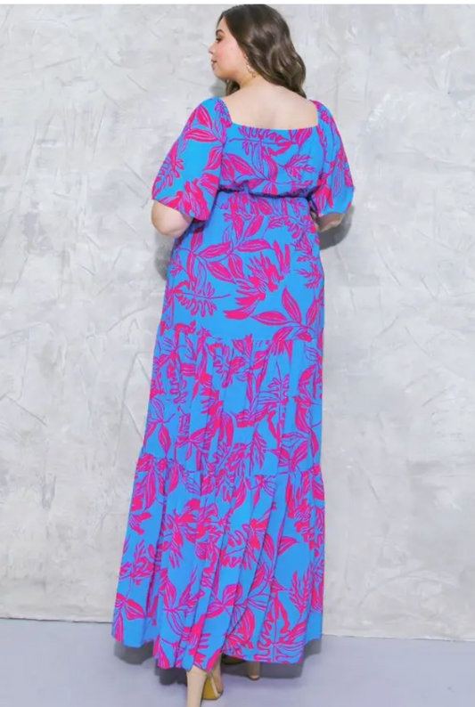 Blue & Fuchsia Fern Curvy Fit Maxi Dress