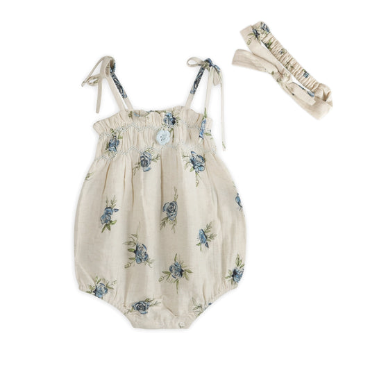 Blue Rose Baby Romper + Headband