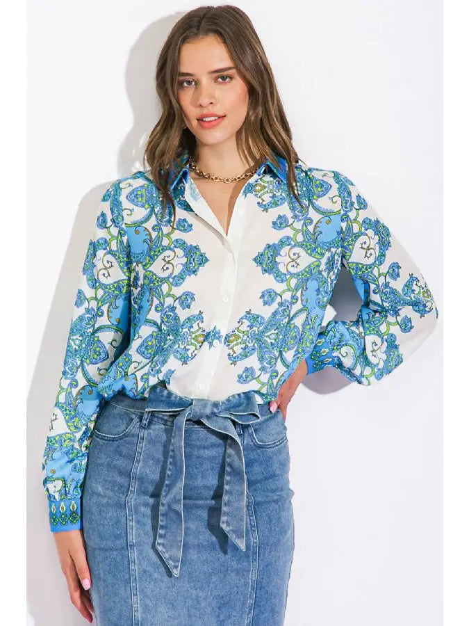 Blue & White Floral Button Down Blouse