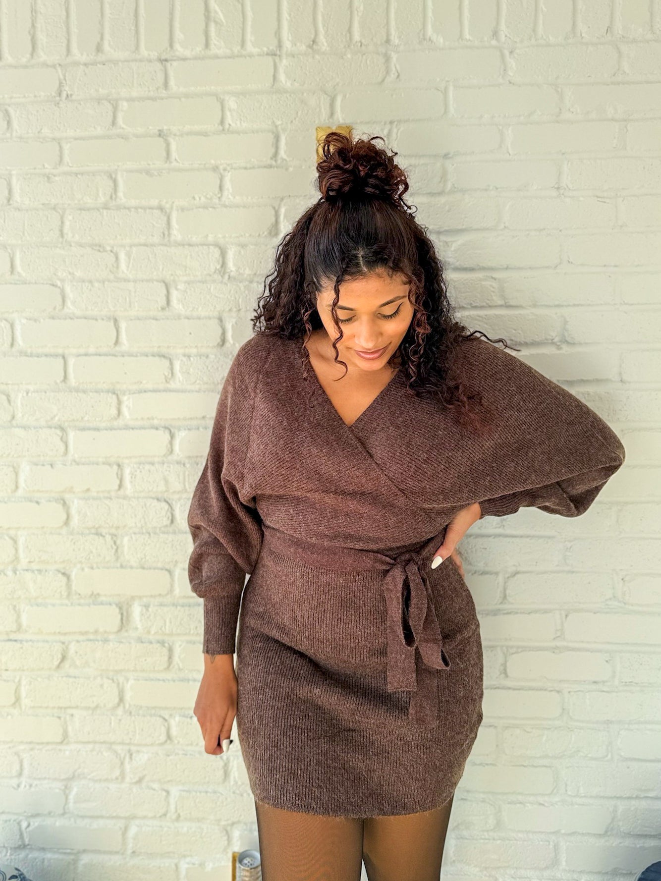 Lilla Cavallo | Brown Mini Wrap Sweater Dress | Medium / Coffee Lilla Cavallo | Brown Mini Wrap Sweater Dress | Medium / Coffee
