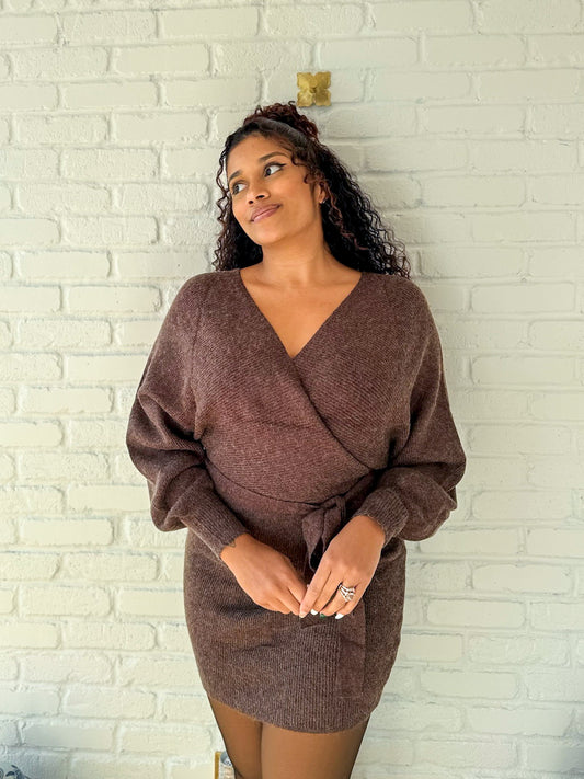 Brown Mini Wrap Sweater Dress