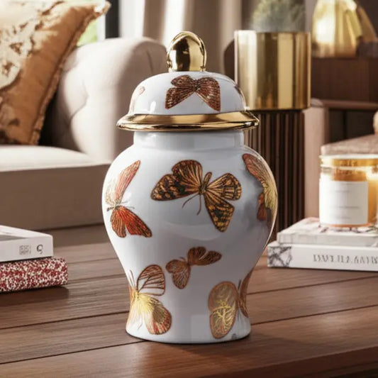 Decorative Jar- White/Black Ceramic Tall Butterflies, 8 in.