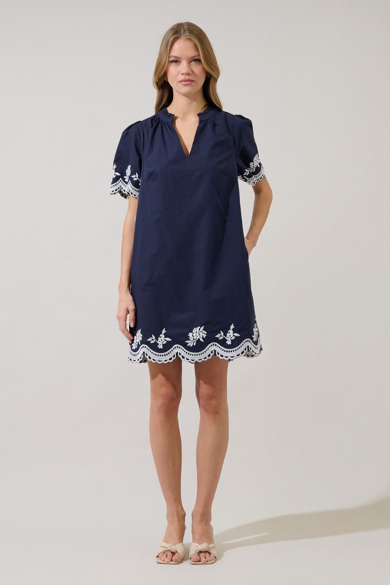 Navy Embroidered Shift Mini Dress