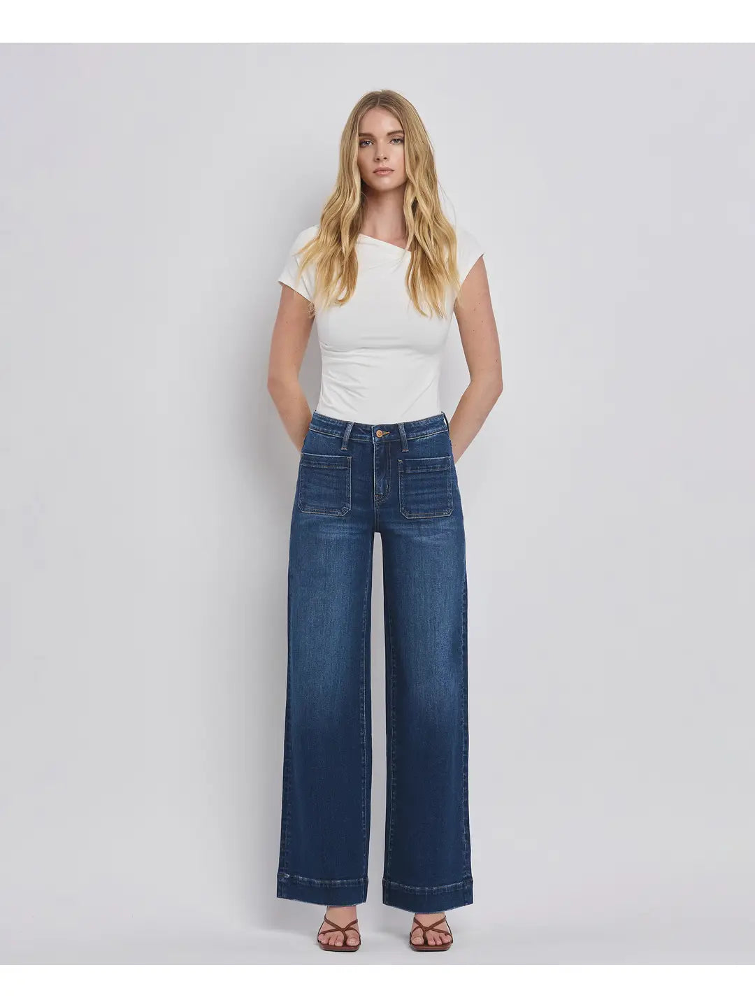 High Rise Patch Pocket Trouser Hem Wide Jeans