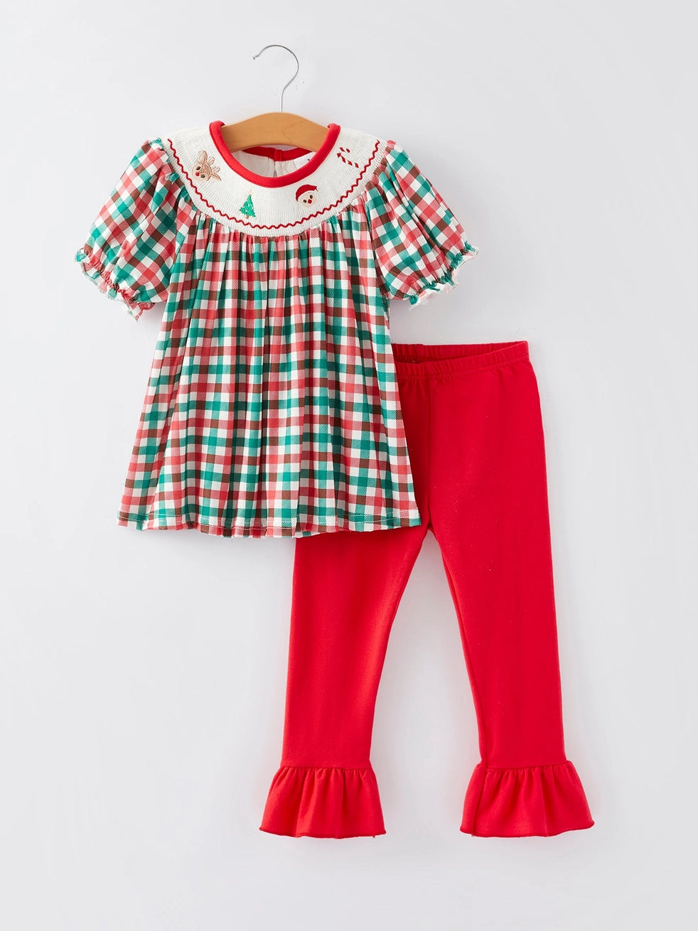 Christmas Plaid Smocking Embroidered Girls Outfit Set