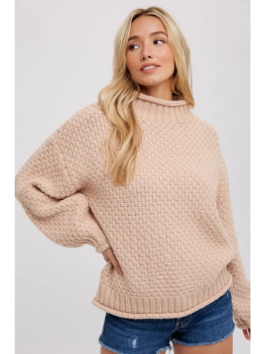 Nude Chunky Waffle Mock Neck Pullover Sweater