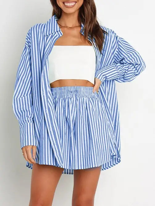 Blue and White Striped Button Up Top and Shorts Outfit Set