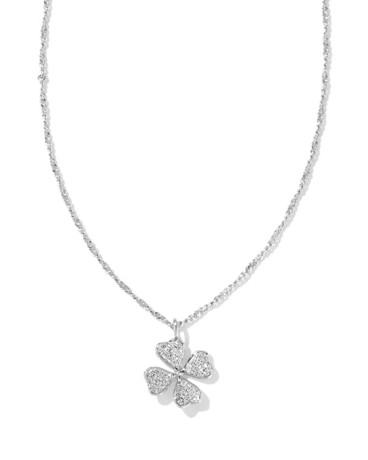 Kendra Scott Clover Crystal Short Pendant Necklace Silver White Crystal
