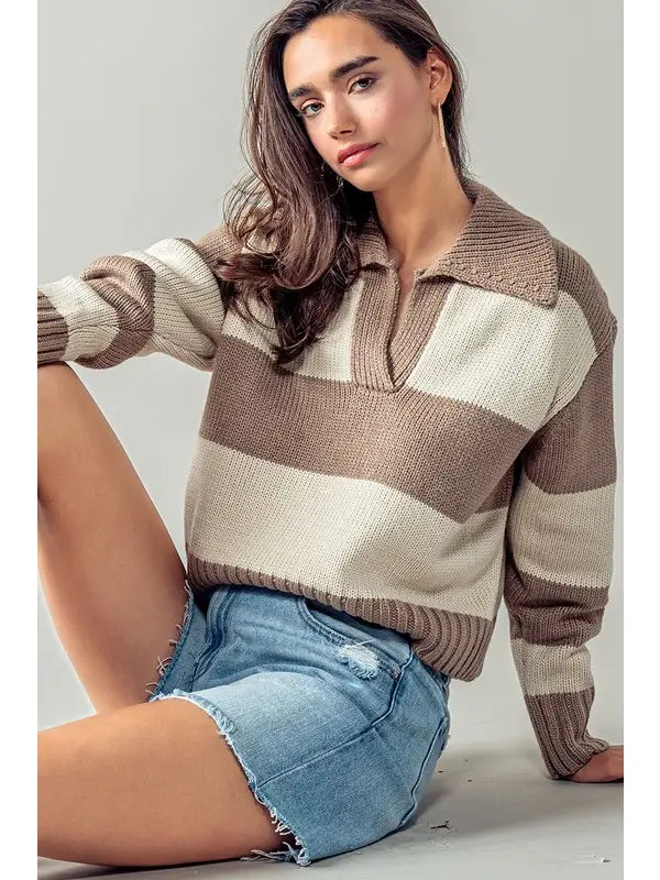 Collared Striped Ribbed Knit Sweater