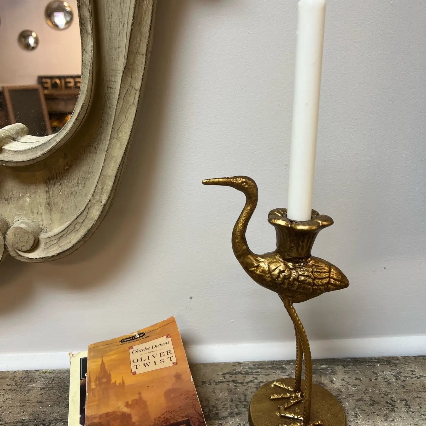 Antique Gold Finish Crane Candle Holder