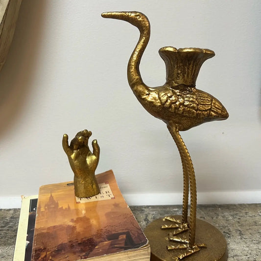 Antique Gold Finish Crane Candle Holder