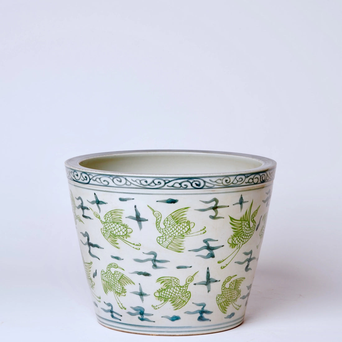 Green and Blue Cranes and Clouds Porcelain Planter