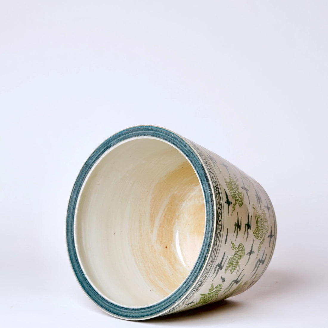 Green and Blue Cranes and Clouds Porcelain Planter