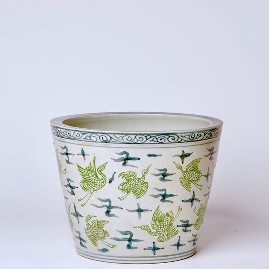 Green and Blue Cranes and Clouds Porcelain Planter
