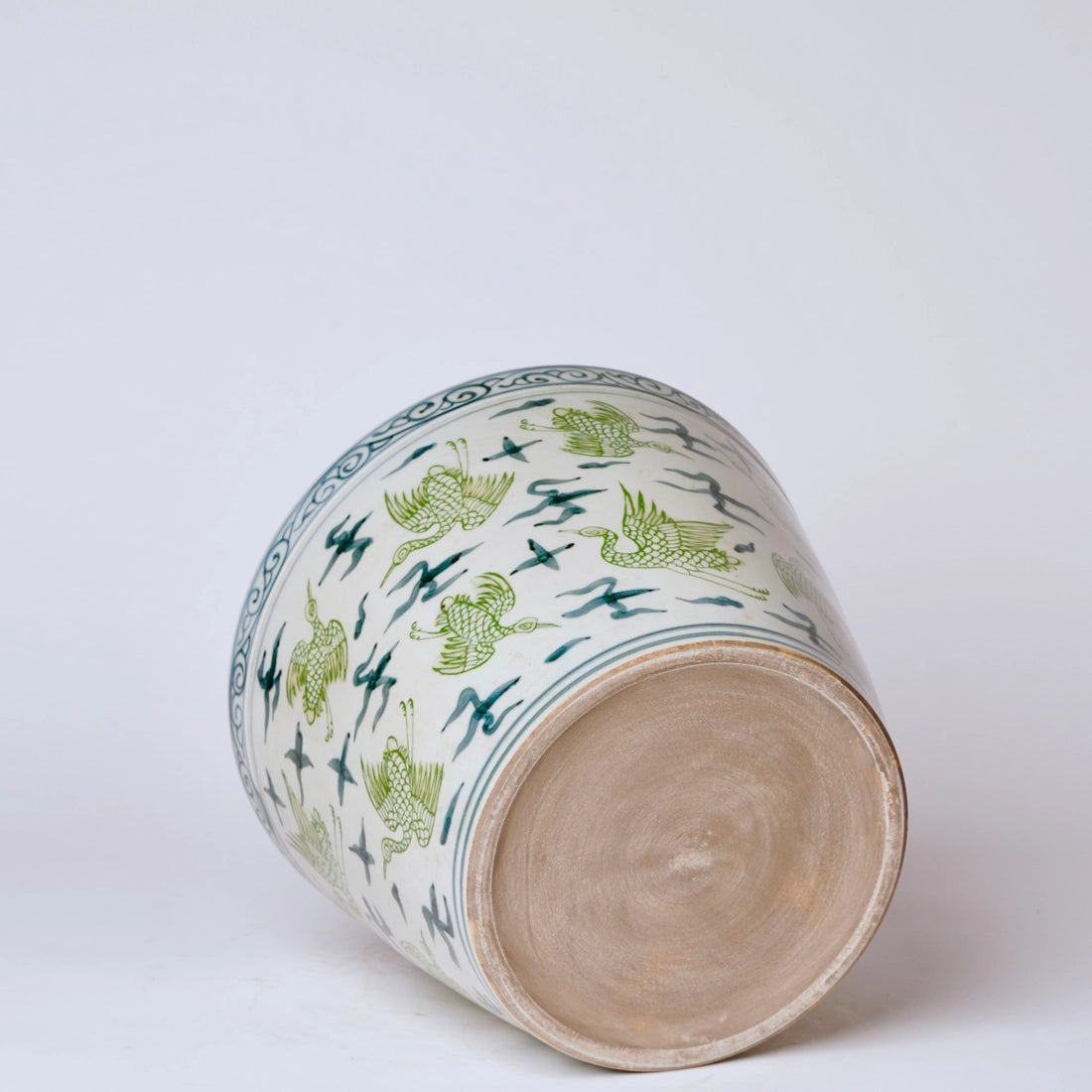 Green and Blue Cranes and Clouds Porcelain Planter