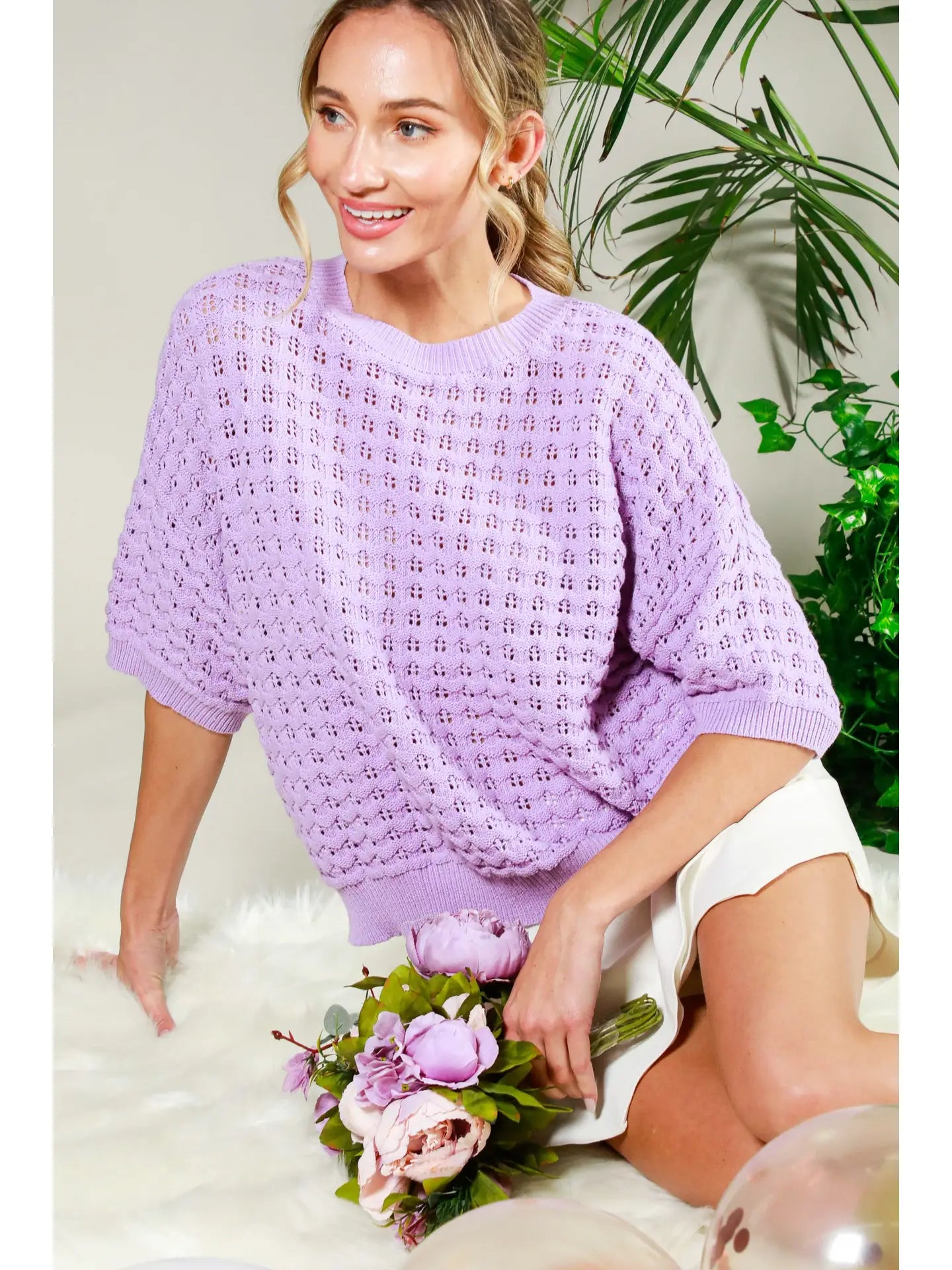 Lilac Crew Neck Crochet Sweater