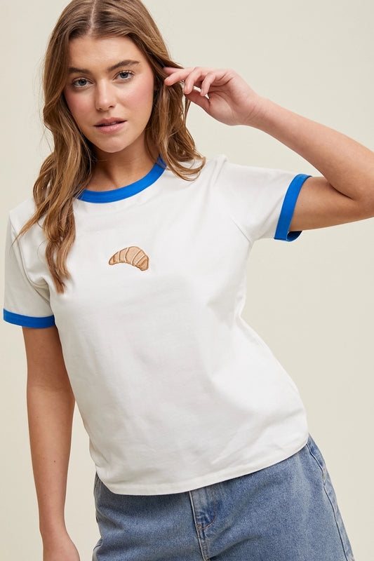 Croissant Embroidered Ringer Tee Shirt