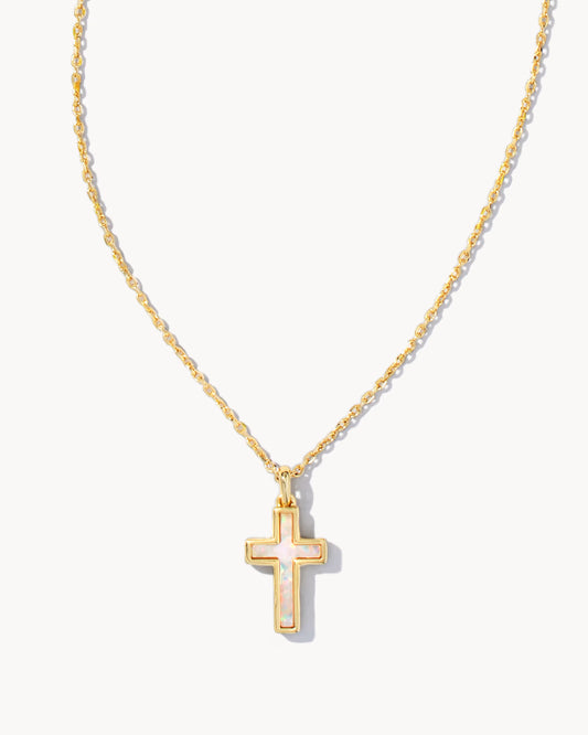 Kendra Scott Cross Gold Pendant Necklace in White Opal