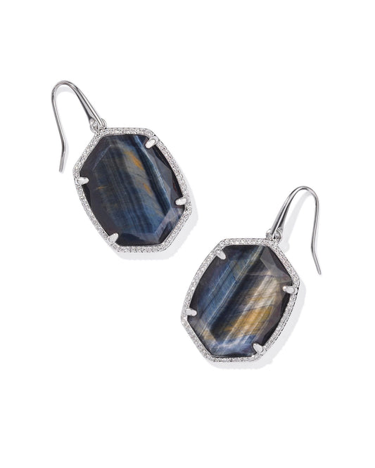 Kendra Scott Daphne Pave Frame Drop Earring in Silver Navy Tiger Eyes