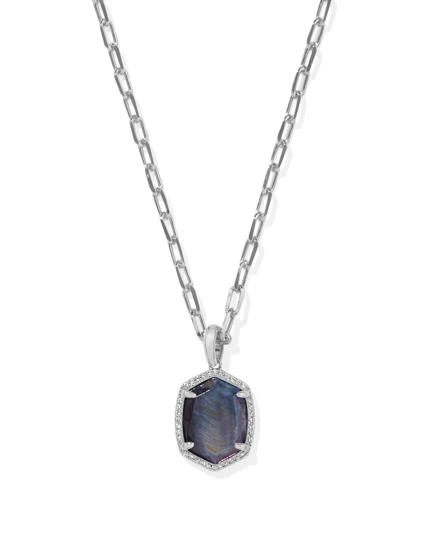 Kendra Scott Daphne Pave Frame Short Pendant Necklace in Silver Navy Tigers Eye