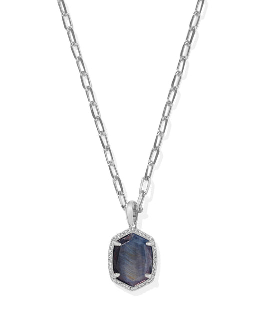 Kendra Scott Daphne Pave Frame Short Pendant Necklace in Silver Navy Tigers Eye