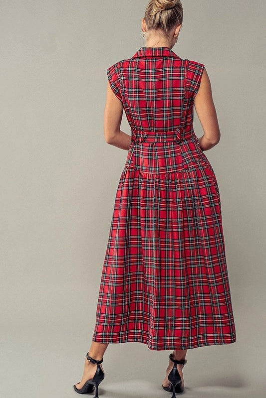 Red Plaid Belted A Line Dress