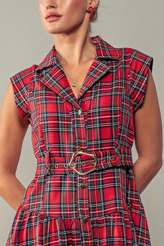 Red Plaid Belted A Line Dress