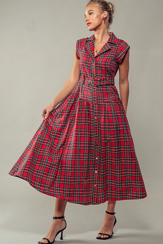 Red Plaid Belted A Line Dress