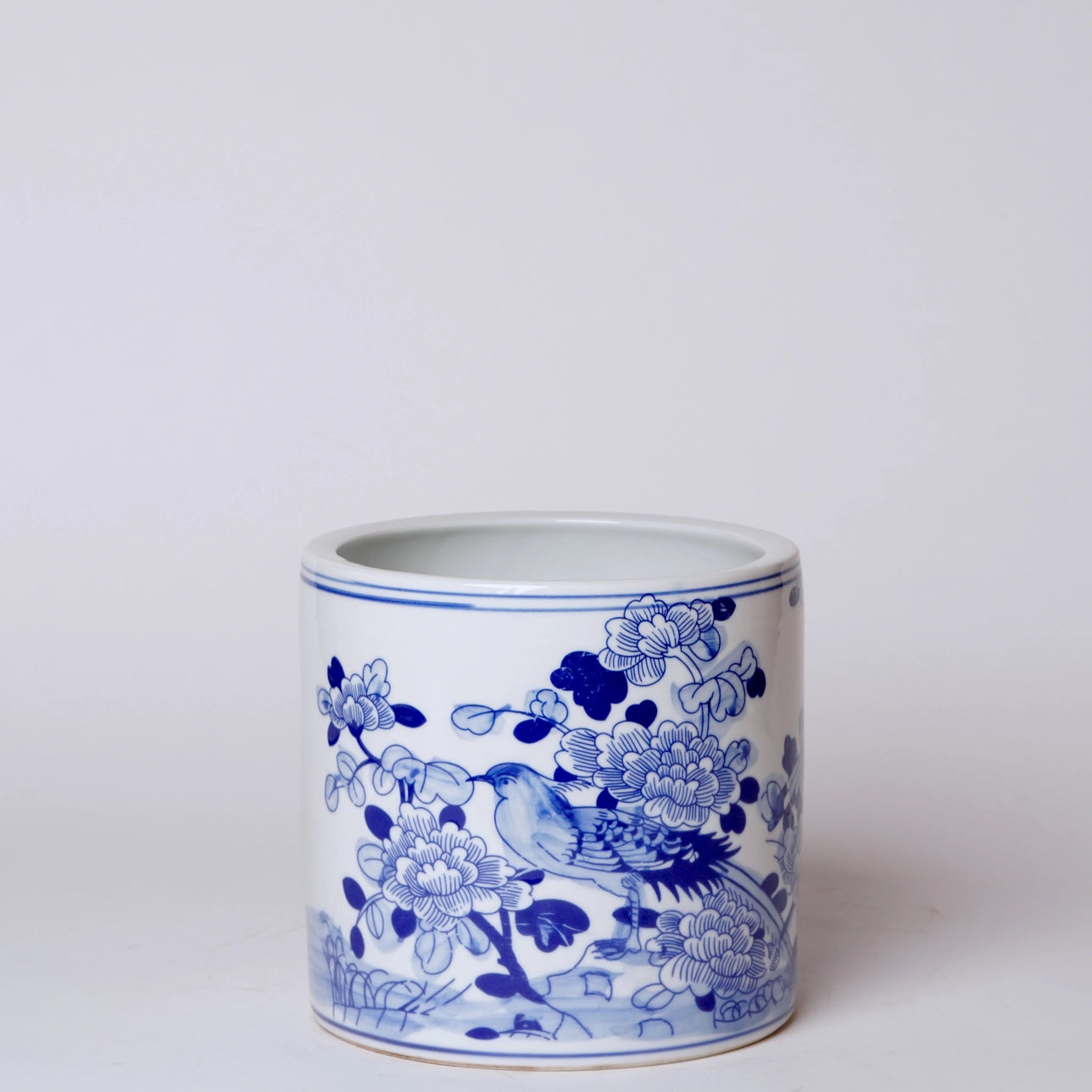 Small Blue and White Porcelain Bird and Flower Cachepot