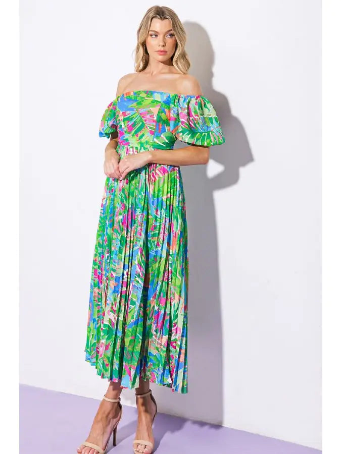 Off the Shoulder Green Floral Midi Dress