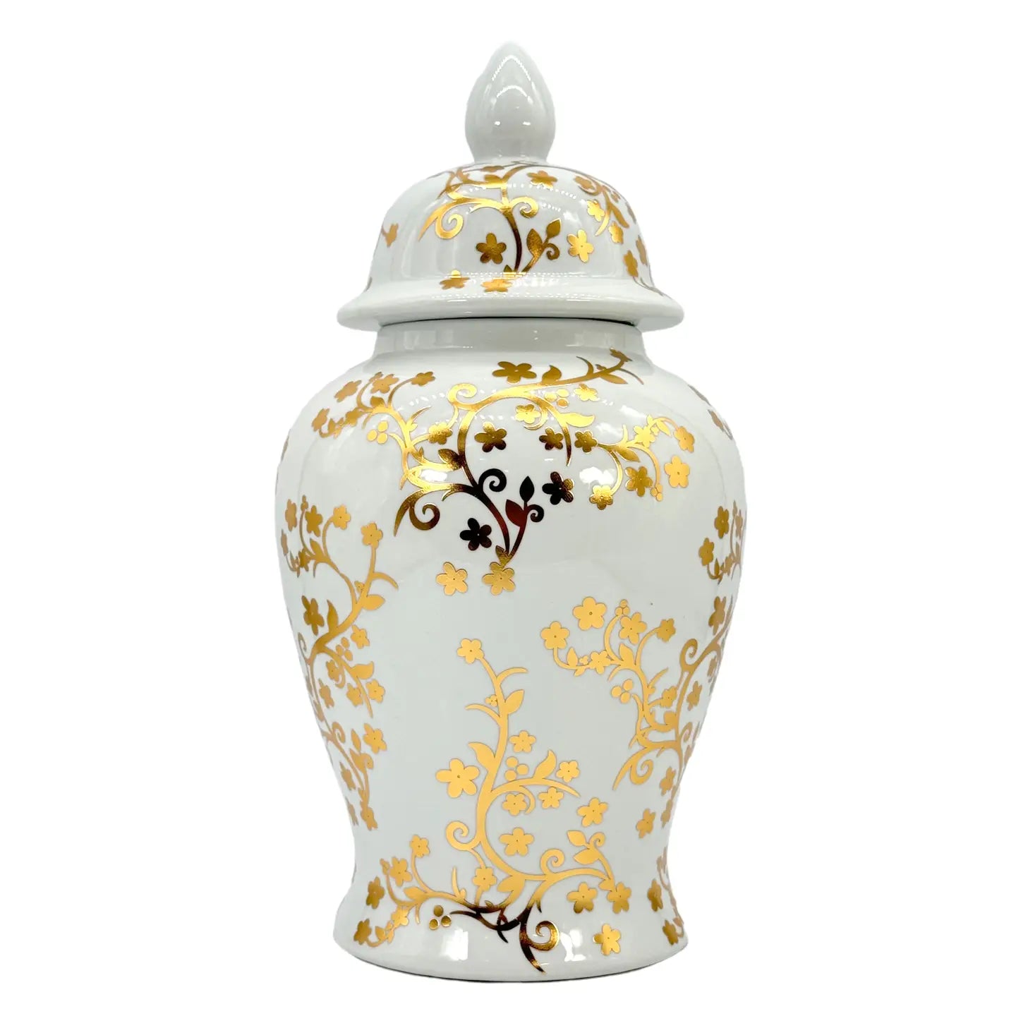 18" Gold & White Ceramic Floral Blossom Ginger Jar