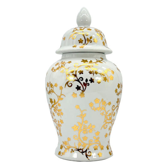 18" Gold & White Ceramic Floral Blossom Ginger Jar