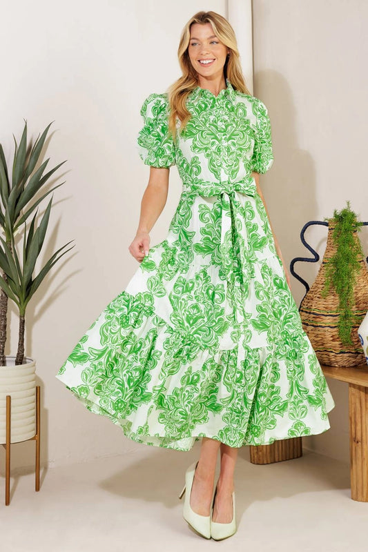 Green And White Retro Midi Dress